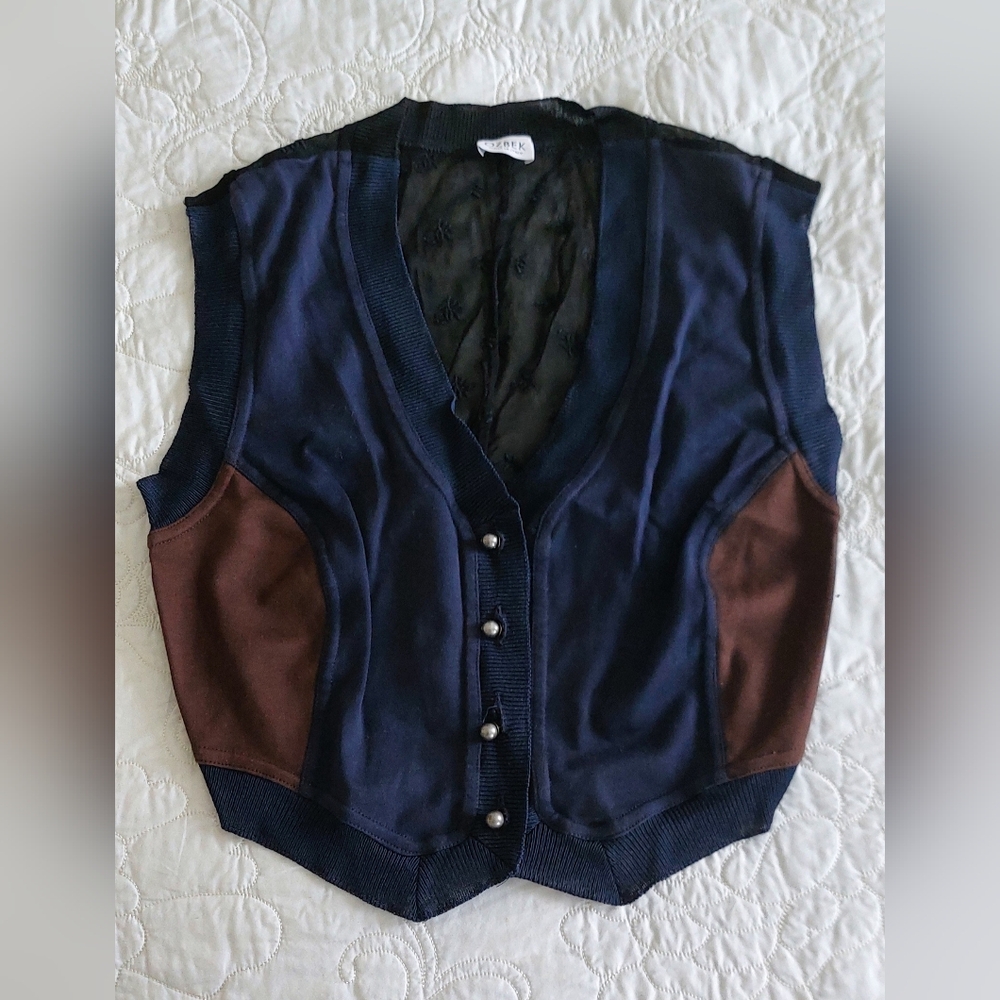 Designer Cropped Pewter Pearl Button Sheer Back Vest
